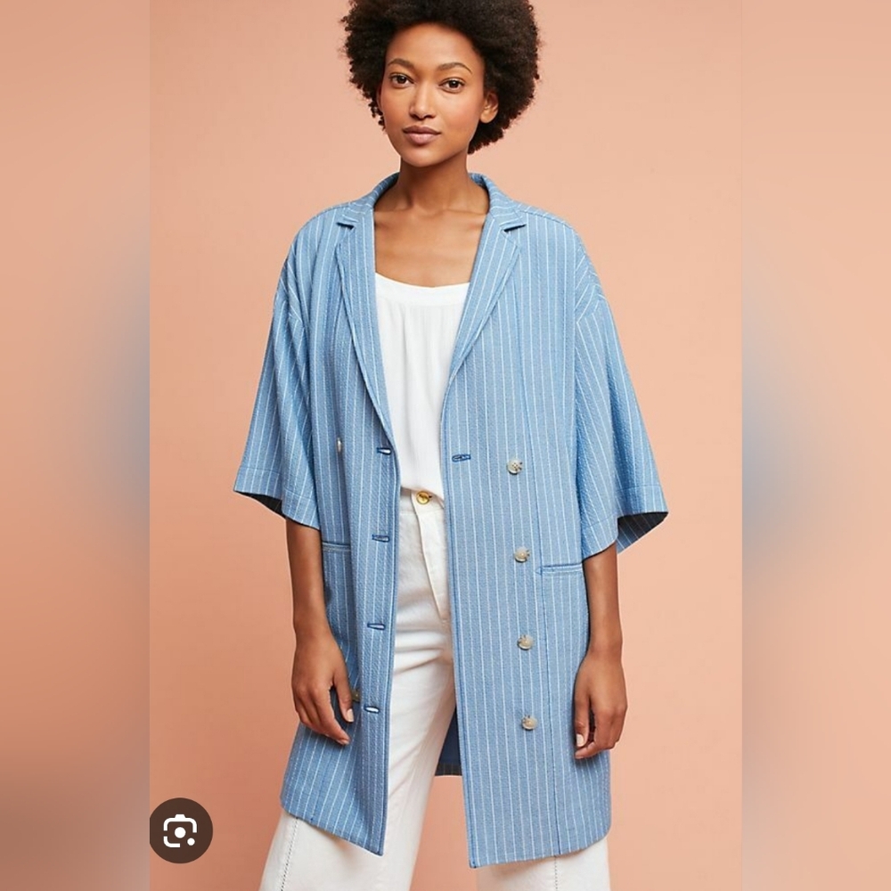 Anthropologie Maeve Blue & White Pinstripe Helmi Double Breasted Blazer Dress XS